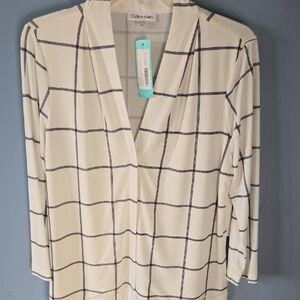 Calvin Klein Women's Cream and Black Grid Blouse